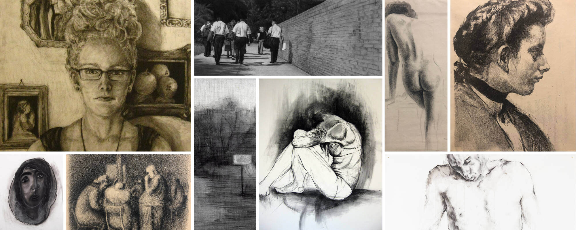 Collage of nine images from the GVSU Art Museum Collection that represent examples of charcoal in the collection.